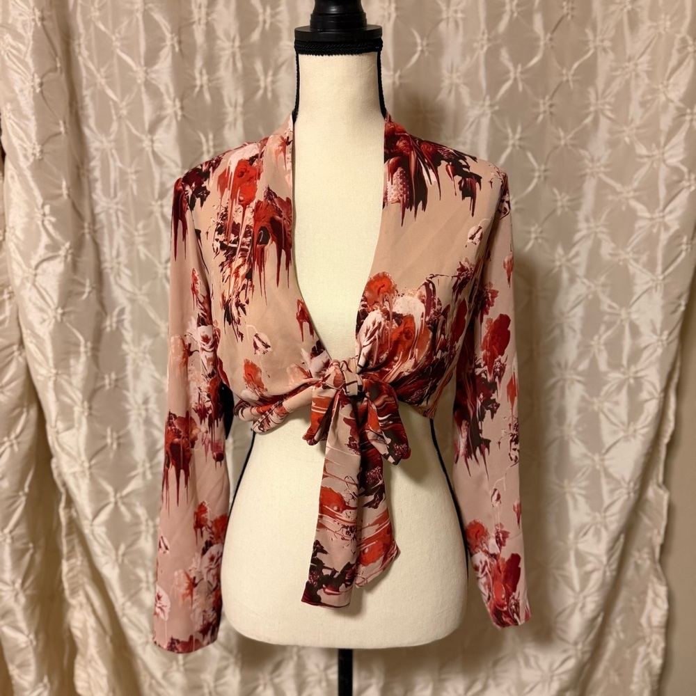 Talula Aritzia Floral Faux-Wrap Long Sleeve Crop Top Blush Pink/Red Melted Rose